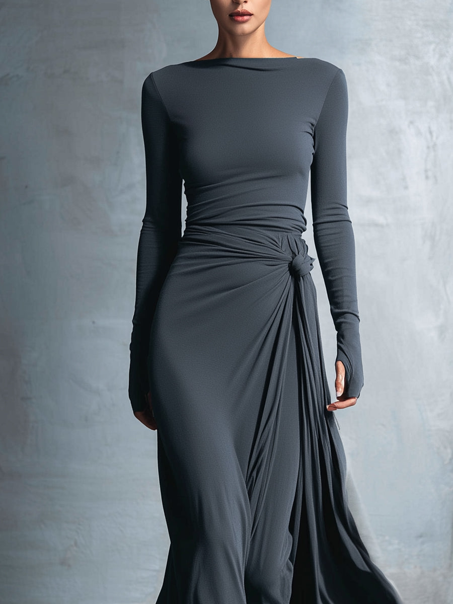 Robe longue Naomie de Danoir Paris, robe maxi élégante avec nœud latéral, tissu fluide et style sophistiqué.