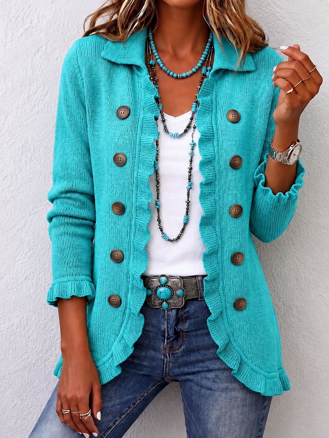 Veste en maille côtelée turquoise avec volants de la marque Danoir Paris, vue de face, détails de la texture et des volants visibles
