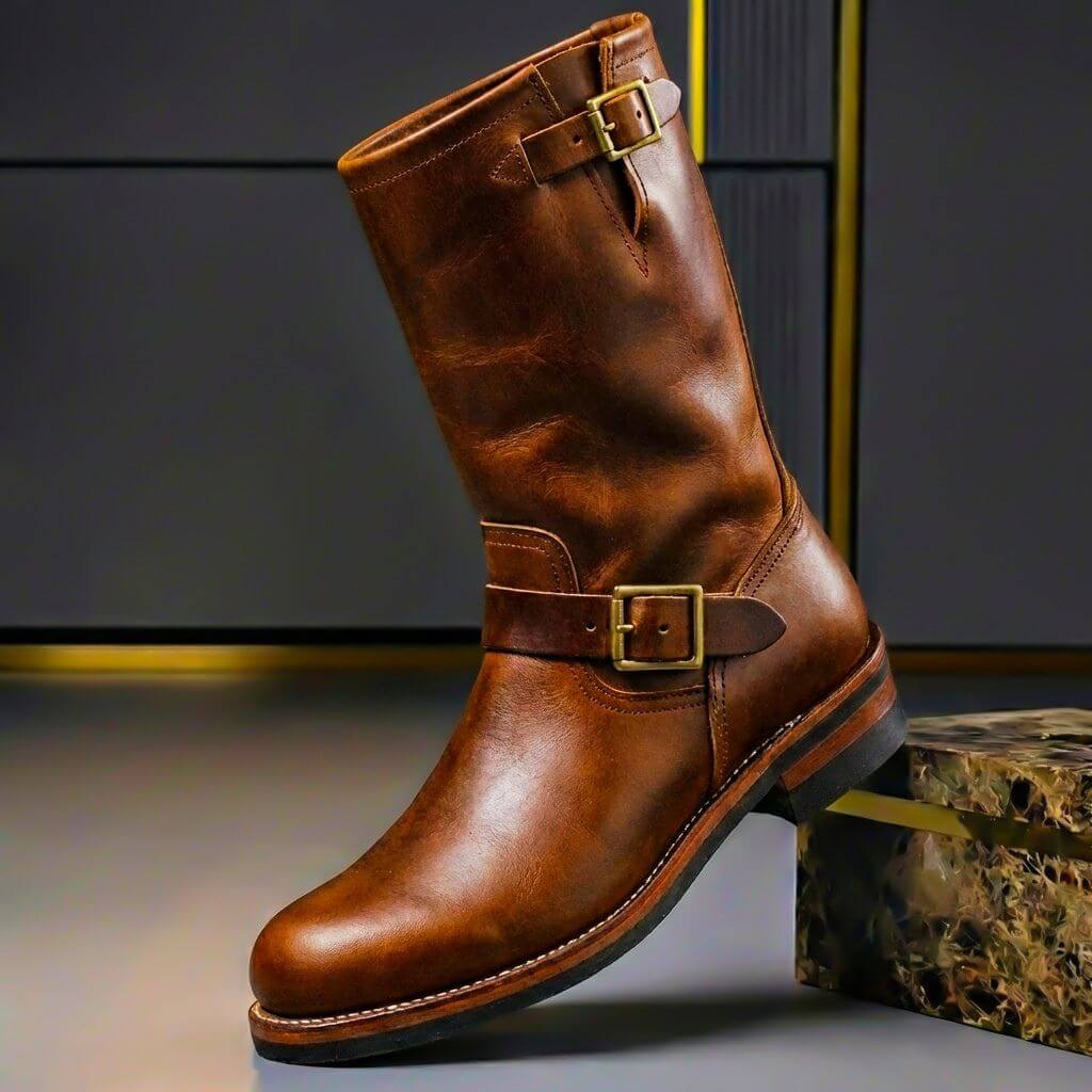 Bottes en cuir vintage Danoir Paris de couleur cognac, avec design élégant et semelle en cuir.