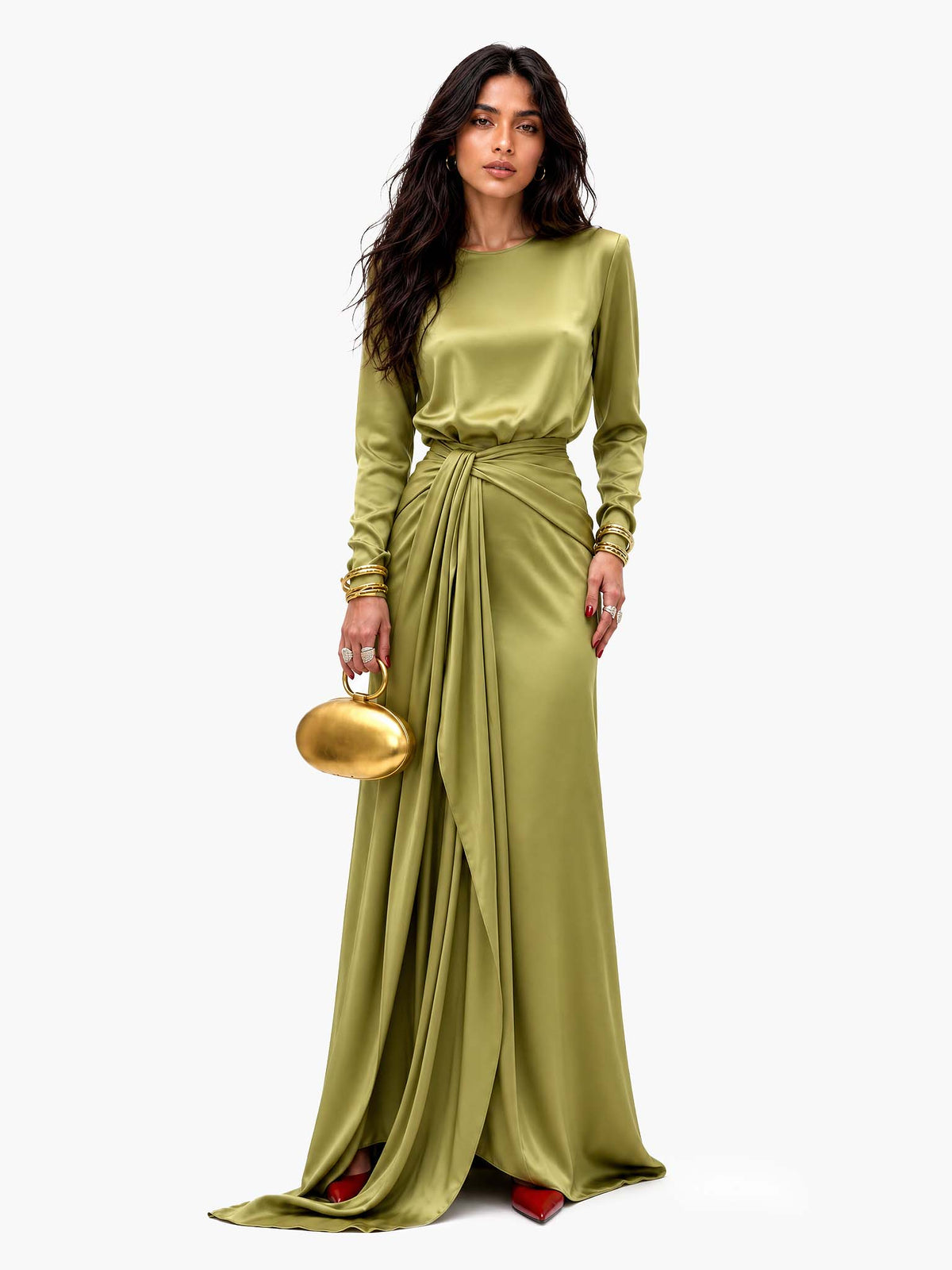 Robe longue en satin drapé Cassandra pour femme, marque Danoir Paris, élégante et fluide, vue de face.