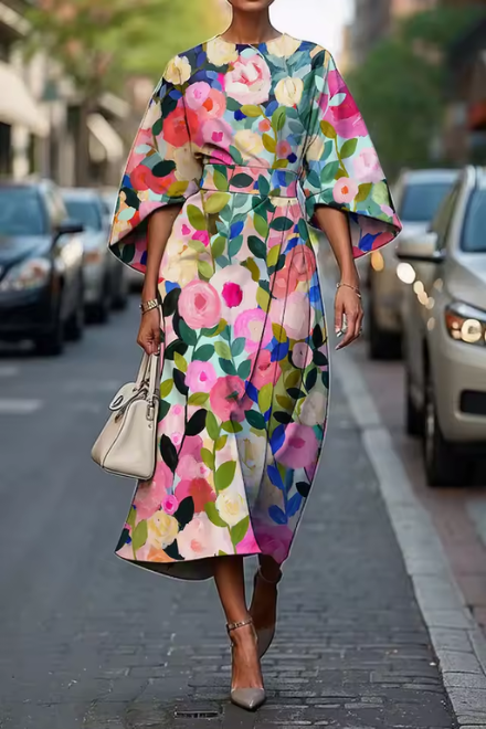 Robe florale élégante Moxlan de Danoir Paris, détail de la robe avec motifs floraux colorés et coupe raffinée.