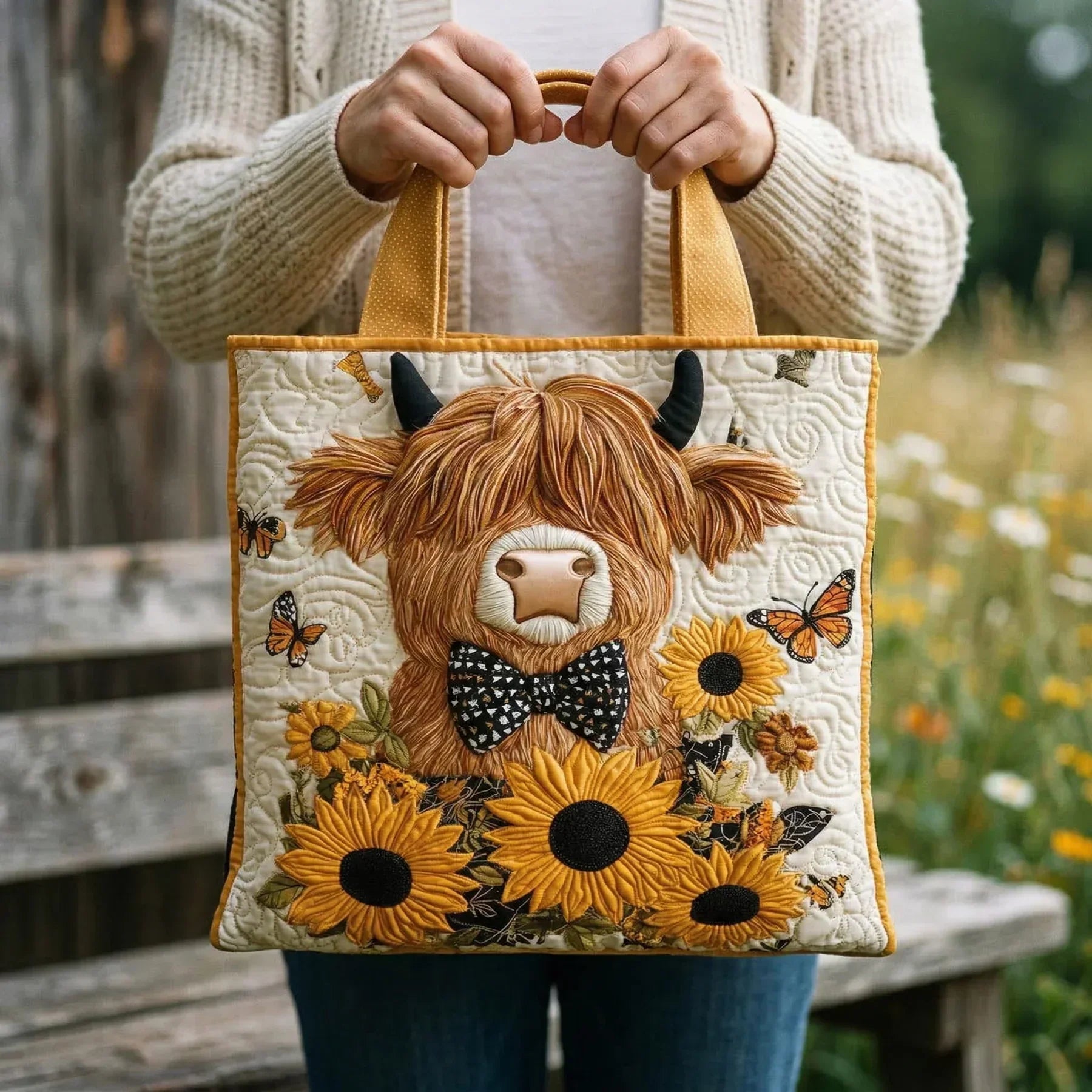 Sac à main artisanal Mountain Cow de Danoir Paris, femme tenant un sac en cuir beige avec détails texturés.
