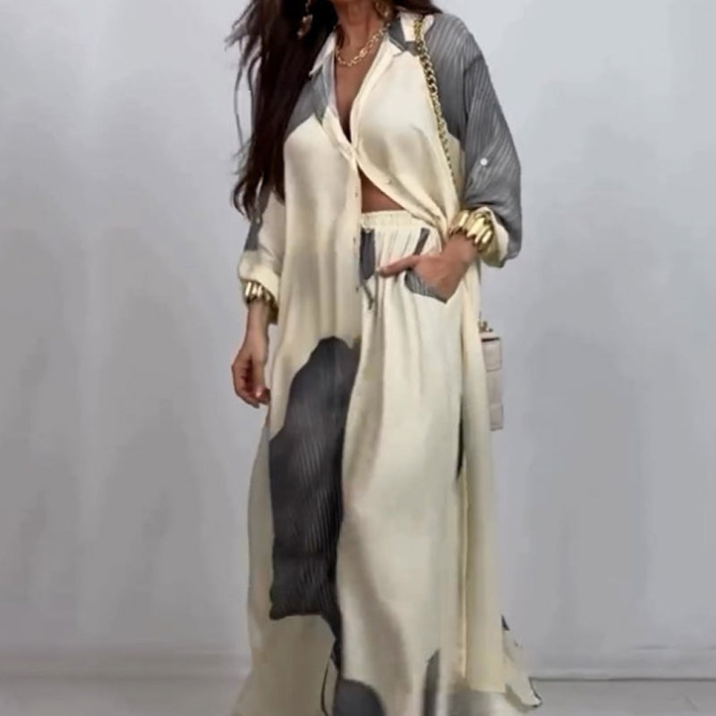 Ensemble décontracté élégant Norélie de Danoir Paris, habit féminin confortable et chic, porté dans une scène lumineuse.