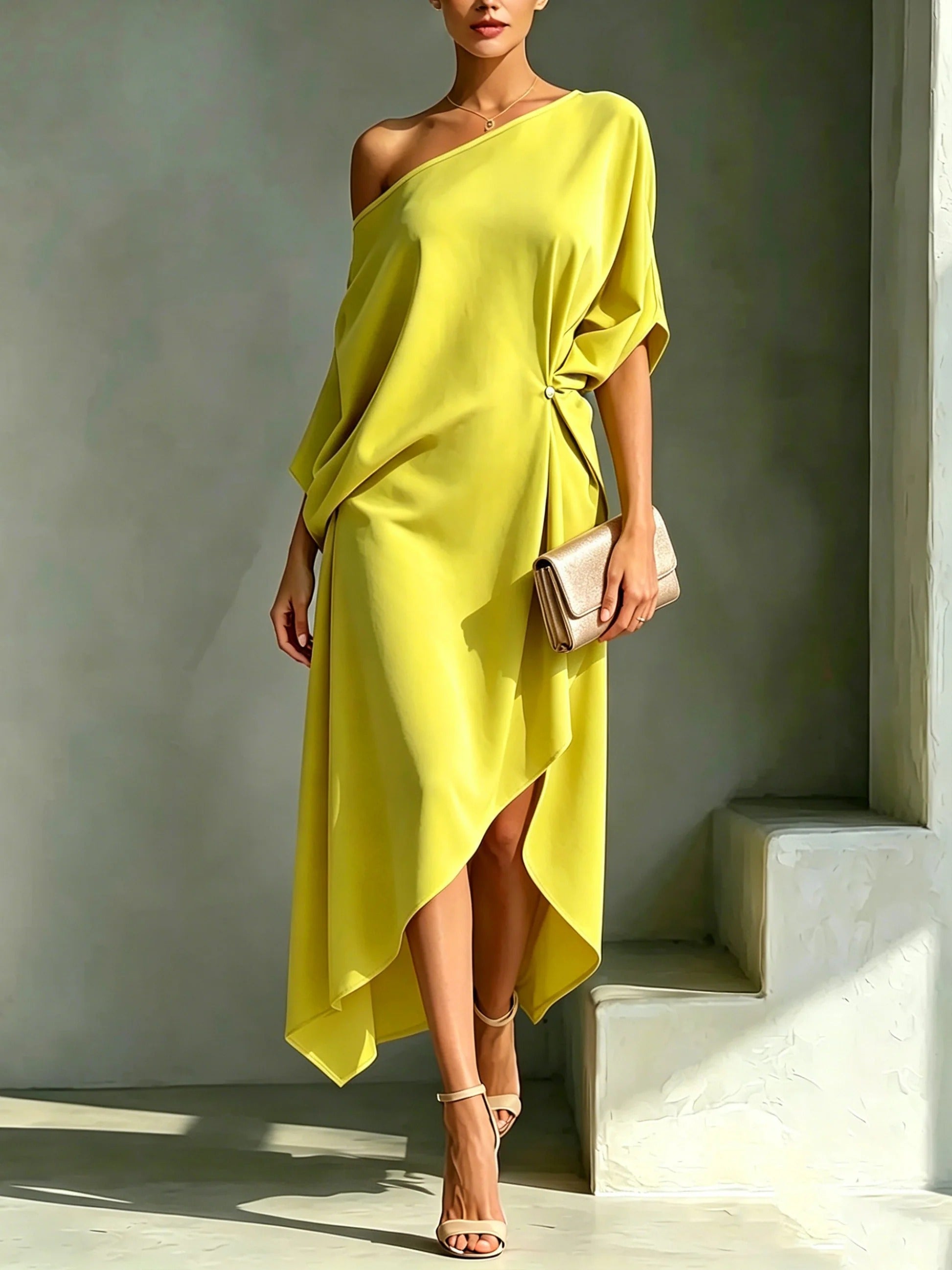 Robe asymétrique élégante Camila de Danoir Paris, tissu fluide et coupe sophistiquée, portée en situation élégante.