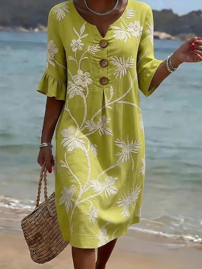 Robe décontractée pour femme Danoir Paris avec imprimé floral jaune, tissu léger et style élégant pour l'été.