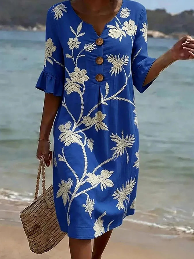 Robe informelle pour femme Danoir Paris avec motif floral bleu, vue de face sur un fond neutre.