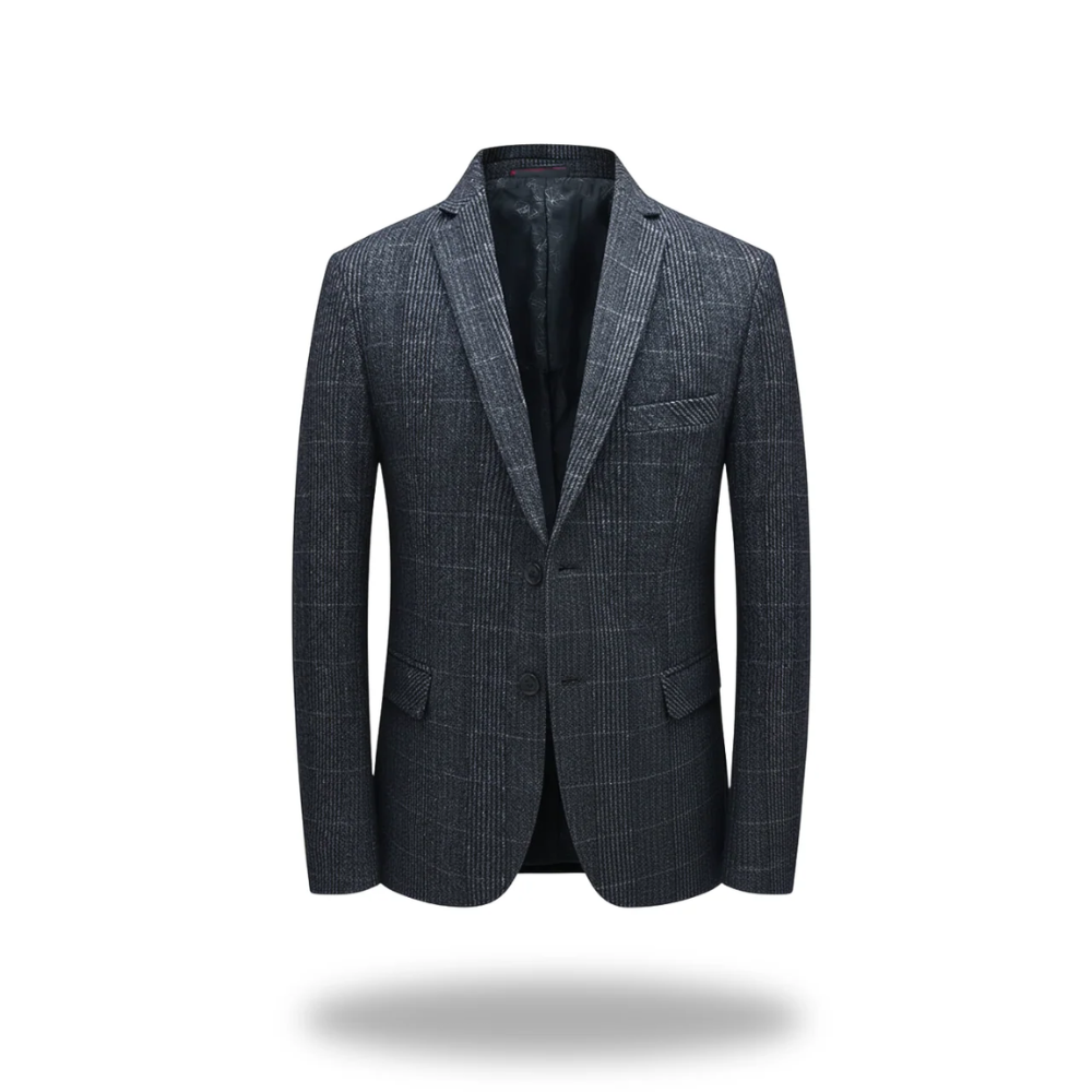 Blazer formel pour homme Danoir Paris, en tissu noir élégant avec revers classiques, porté sur un mannequin.