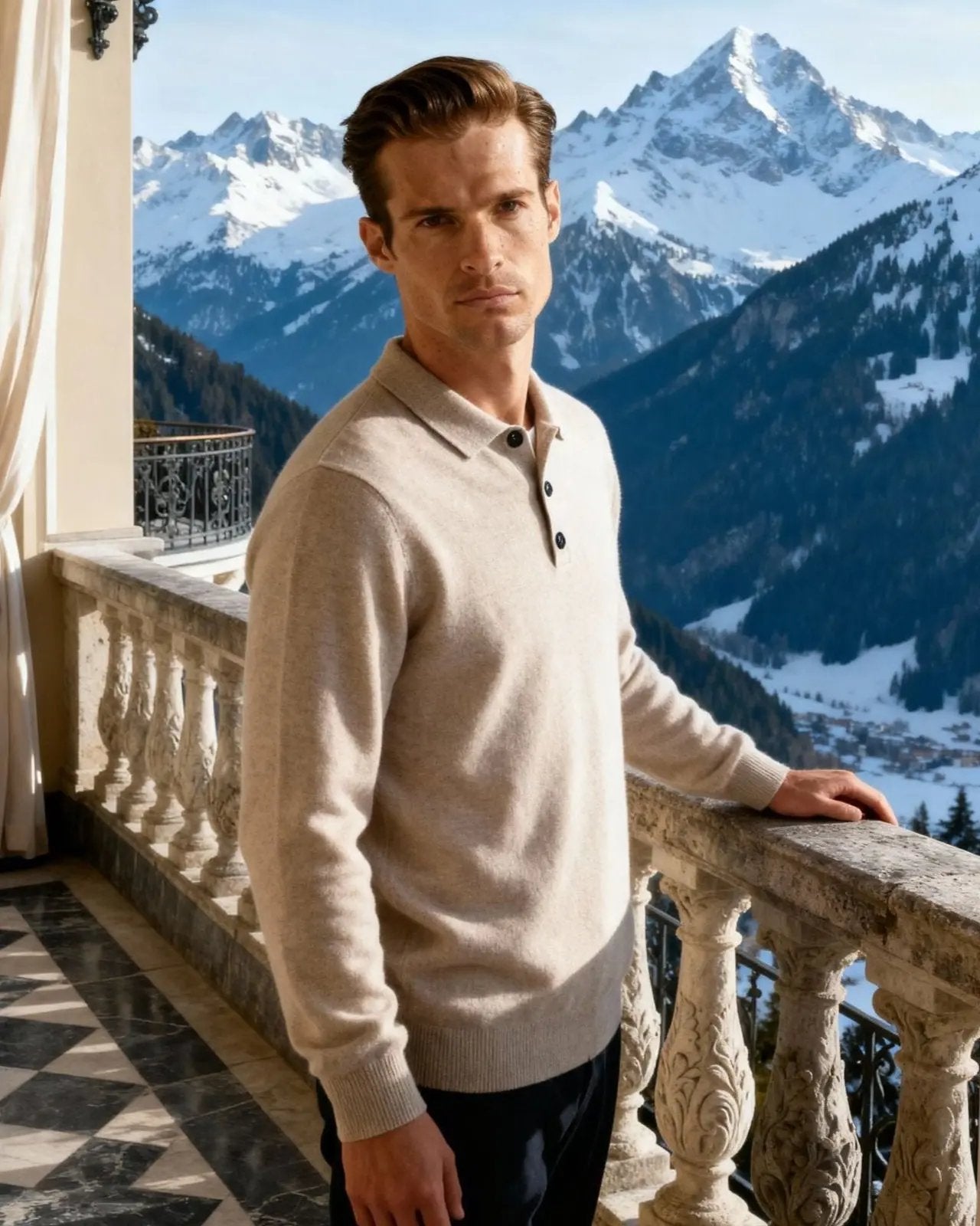 Pull en cachemire 100% Danoir Paris, polo élégant avec col classique et finition fine, porté sur un mannequin.