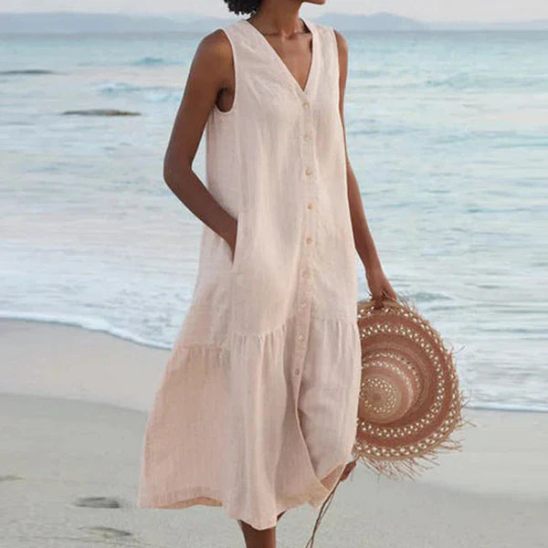 Robe chemise d'été en coton Danoir Paris, coupe décontractée avec poches, encolure en V, sans manches, style plage.