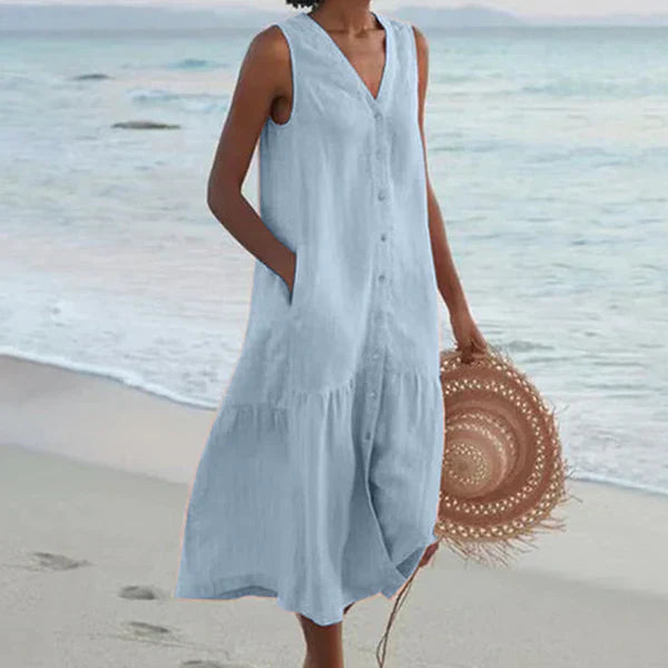 Robe chemise d'été Danoir Paris en coton avec poches, col en V, sans manches, style décontracté, coupe loose, tissu léger.