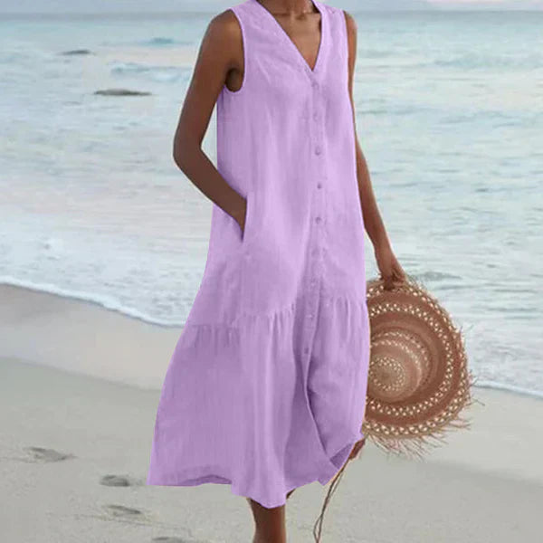 Robe chemise d'été Danoir Paris en coton léger, sans manches, avec poches, col en V et taille loose, idéale pour un style décontracté.