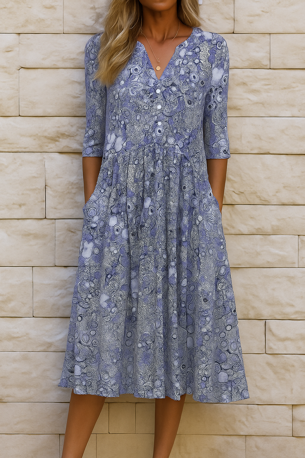 Robe midi imprimée Élise de Danoir Paris avec col V, portée élégante et fluide, visible sur mannequin.