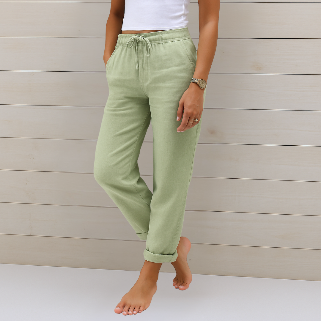 Pantalons stretch en lin respirant Maja de Danoir Paris, tissu léger et confortable pour un style décontracté et élégant.