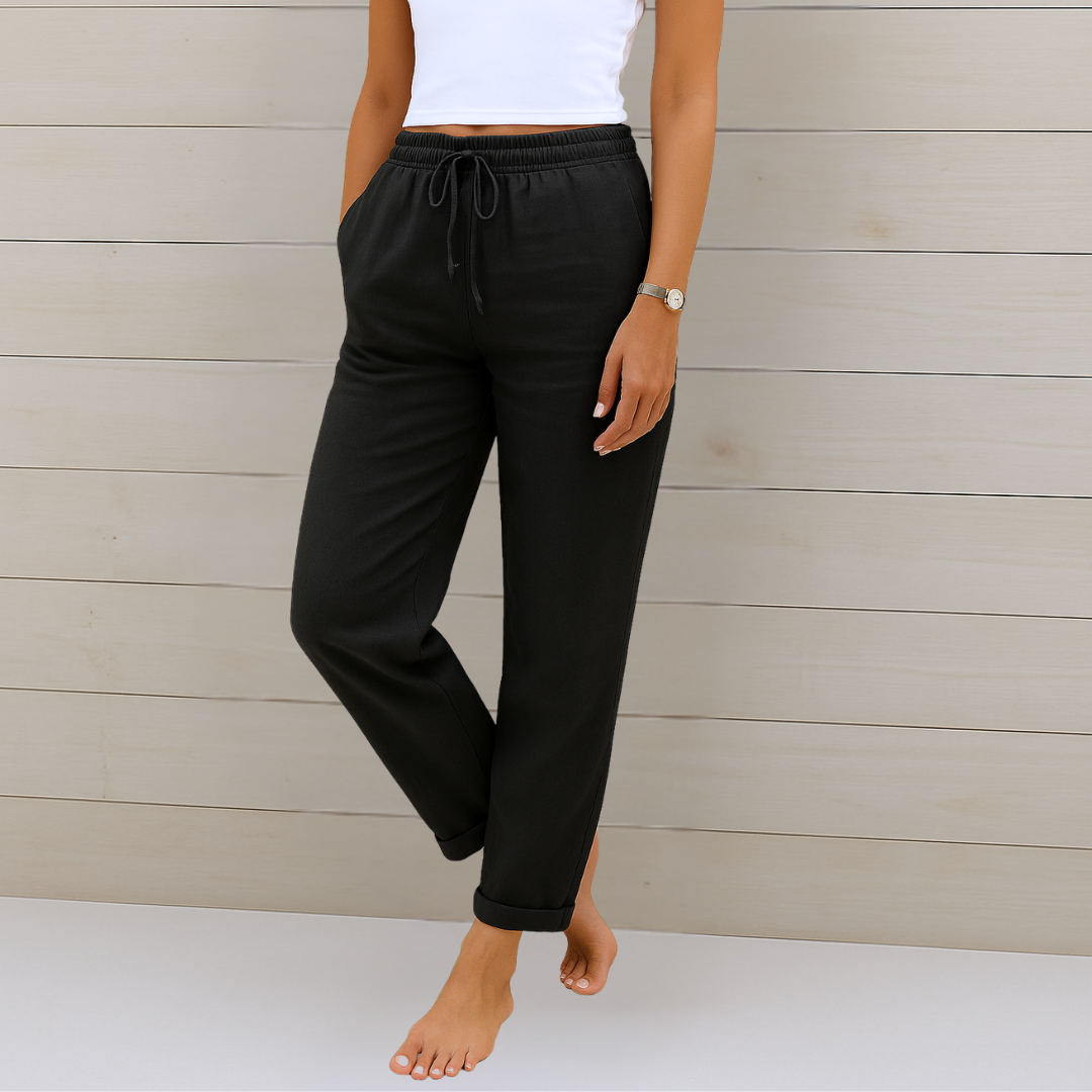 Pantalons en lin respirant Maja de Danoir Paris, pantalon stretch premium, tissu léger et confortable pour un style élégant.