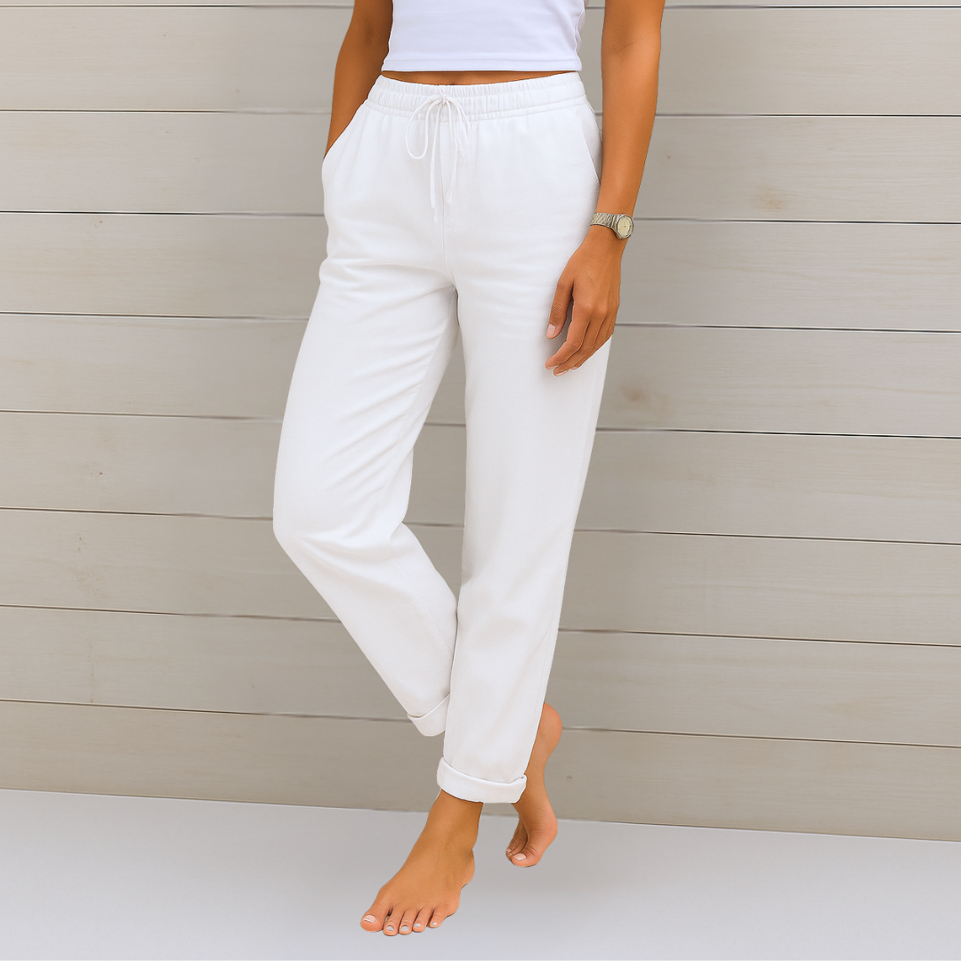 Pantalons en lin respirant Danoir Paris Maja, coupe stretch, léger et confortable, en tissu naturel de haute qualité.