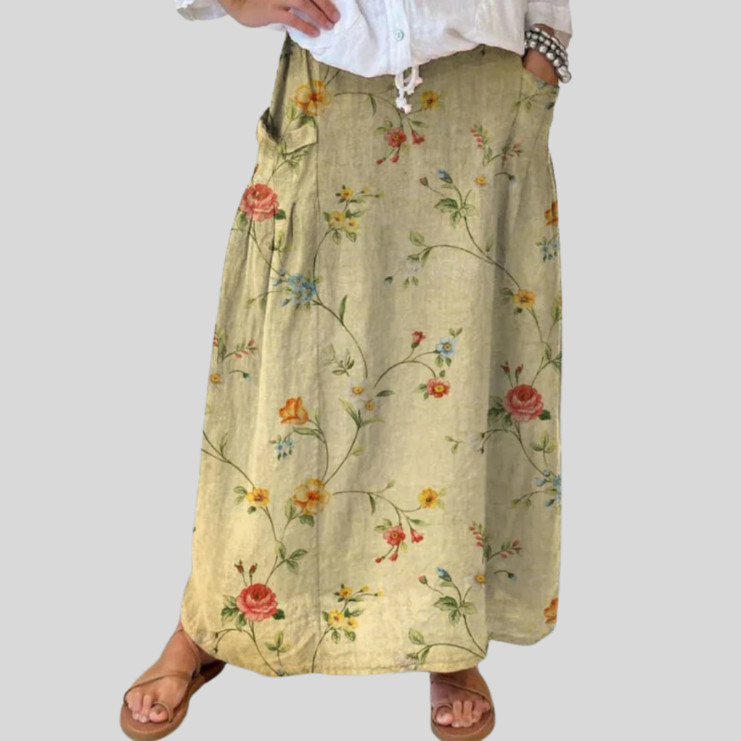 Jupe florale rétro Mella™ Danoir Paris beige, taille élastique et poches latérales