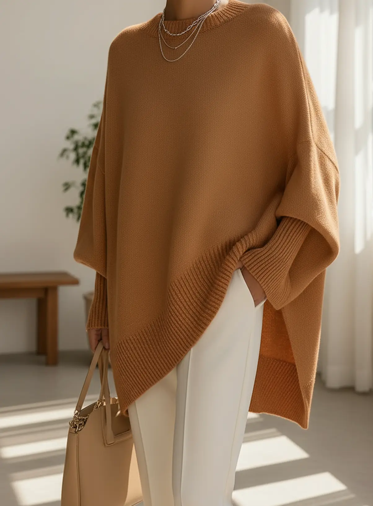 Pull Danoir Paris en maille douce, couleur gris clair, porté sur mannequin, avec col rond et manches longues.