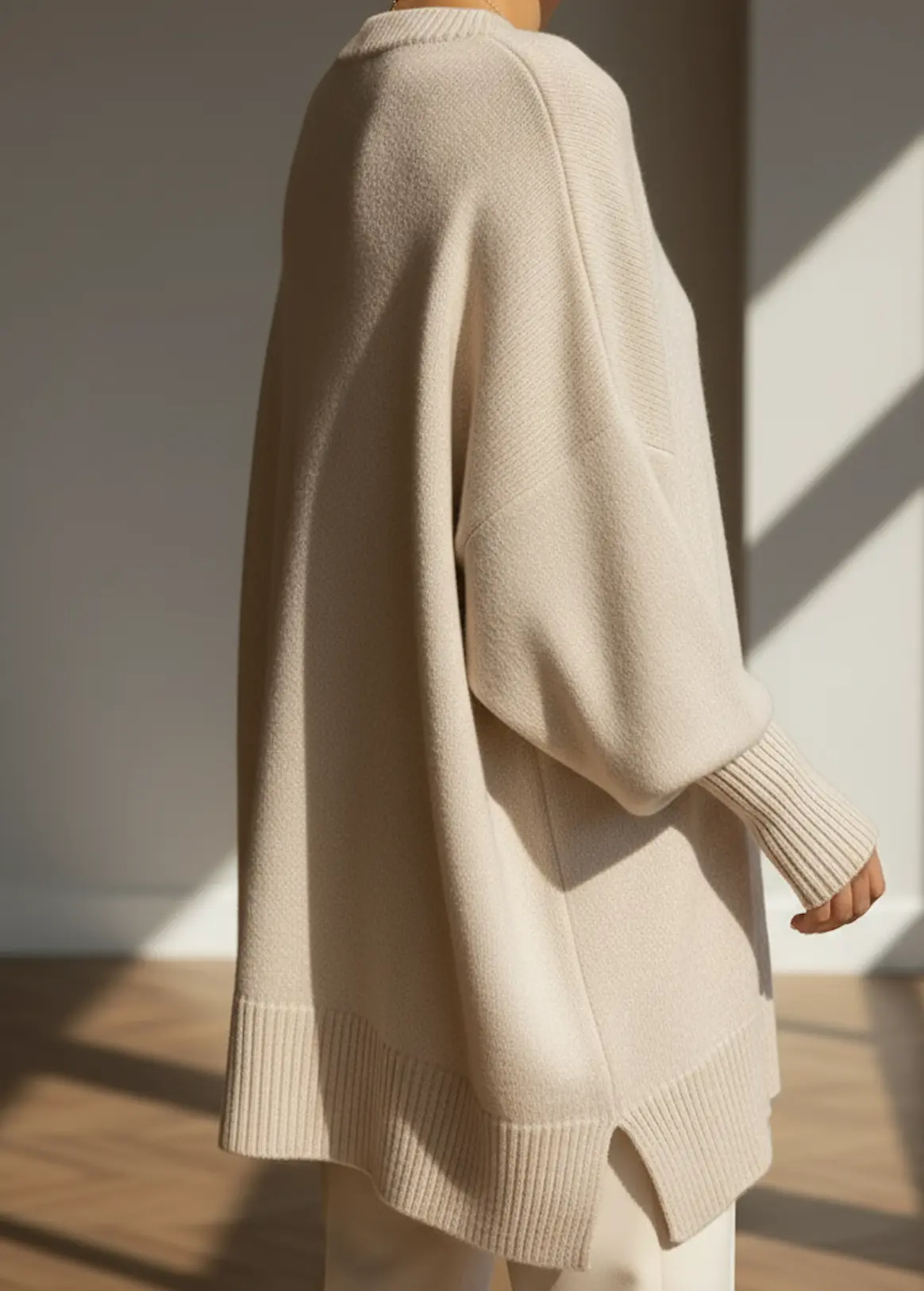 Pull Danoir Paris beige en taille XS avec manches longues, doux et confortable, porté sur un mannequin.