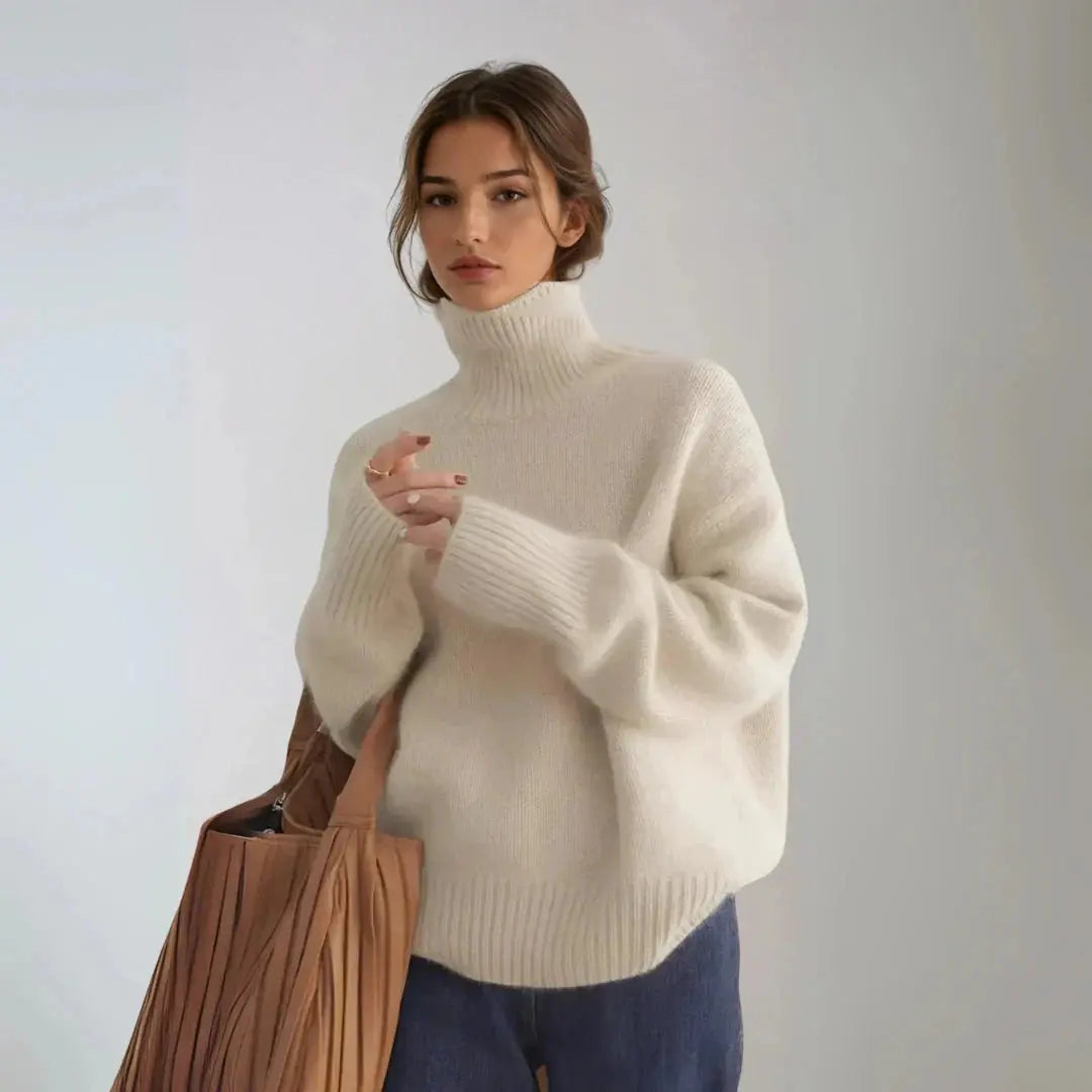 Pull femme Isabella en cachemire à col montant de Danoir Paris, tricoté doux et chaud, porté sur un fond neutre.