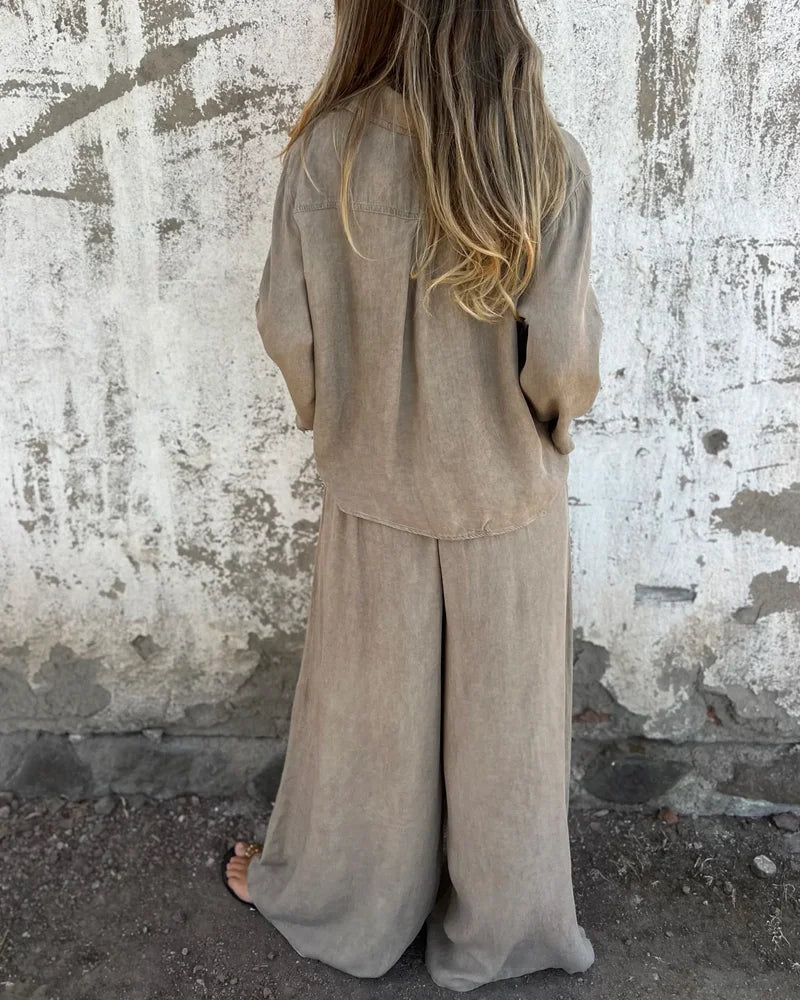 Ensemble deux pièces Quitte Danoir Paris beige, vêtements polyvalents, vue frontale, tissu léger et confortable.
