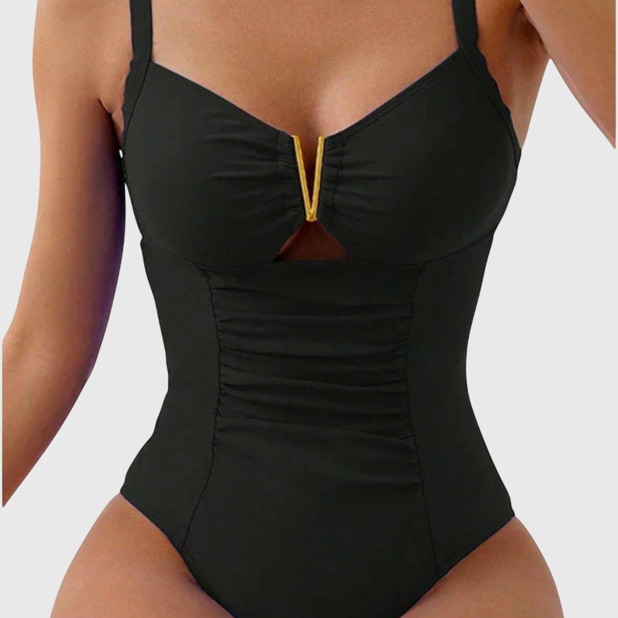 Maillot de bain noir Danoir Paris Cinzia avec décolleté en V, vue frontale, tissu extensible et élégant.