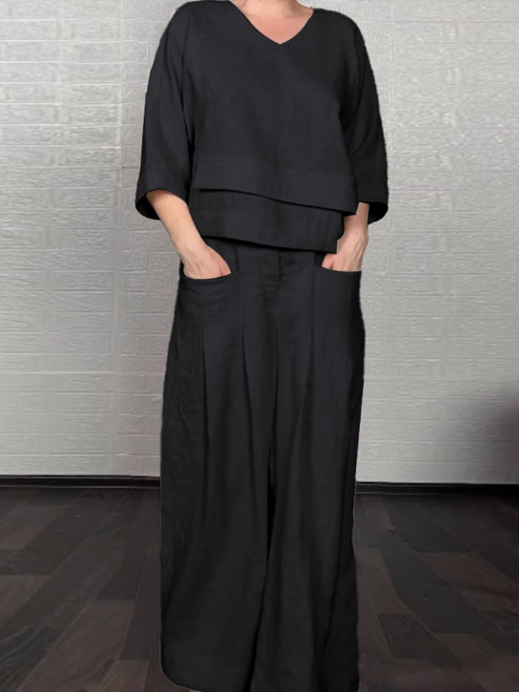 Ensemble décontracté en coton-lin Renaya par Danoir Paris, haut et pantalon confortables de couleur neutre.