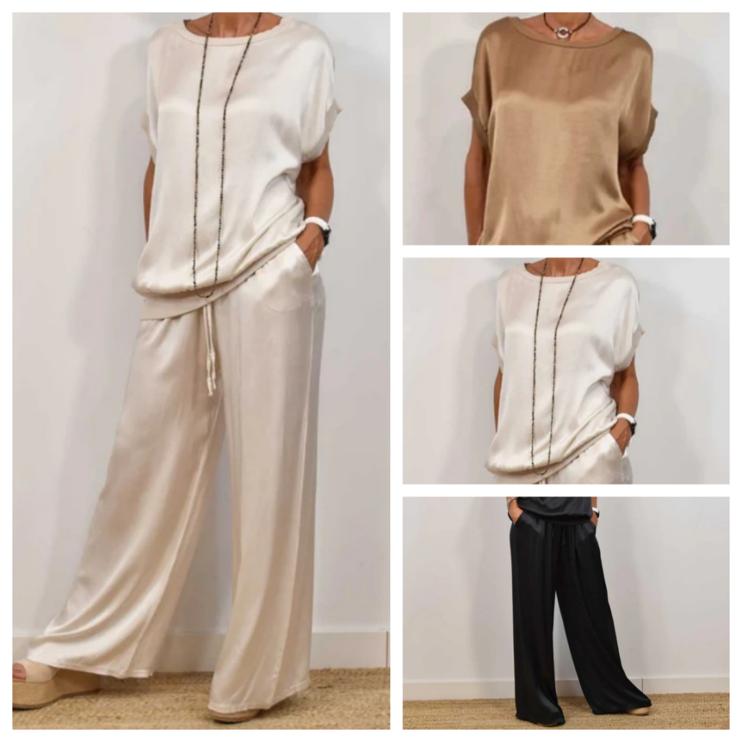 Ensemble élégant à deux pièces Celia de Danoir Paris, comprenant un haut et une jupe en tissu fluide, porté dans une pose sophistiquée.