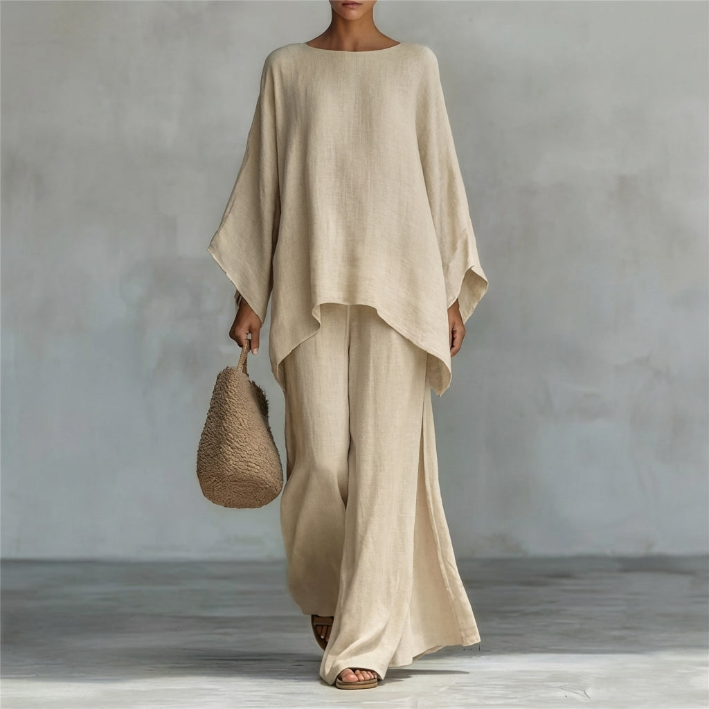 Ensemble deux pièces Christine à manches longues et pantalon large de Danoir Paris, vêtement élégant et confortable.