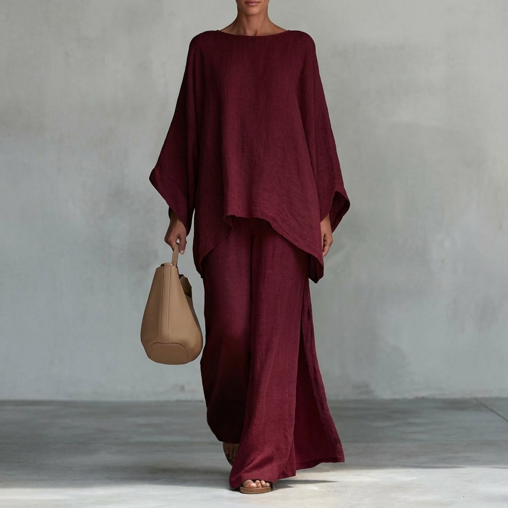 Ensemble deux pièces Danoir Paris Christine avec manches longues et pantalon large, tissu élégant et confortabel en image.