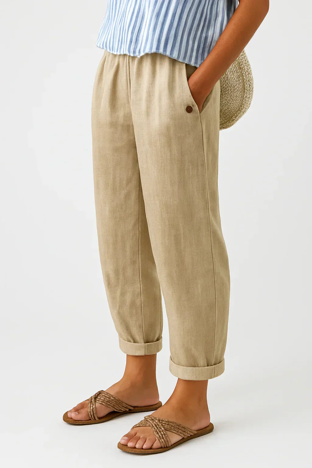 Pantalon léger en lin et coton Edith de Danoir Paris, élégante coupe décontractée, couleur neutre.