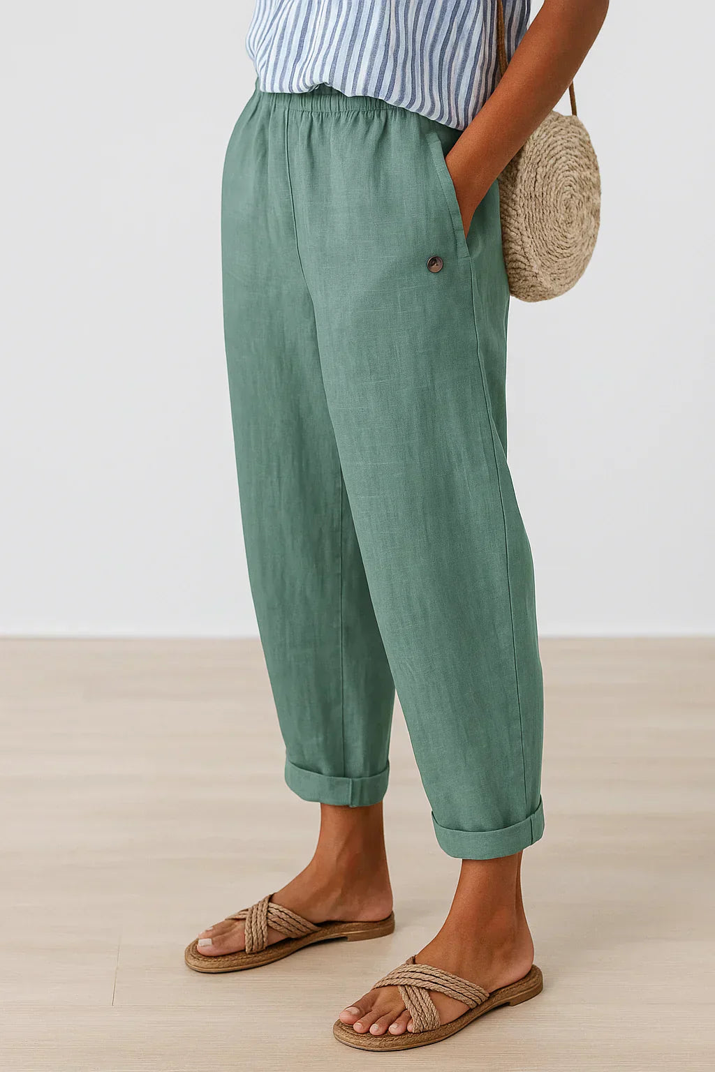 Pantalon léger en lin et coton Edith de Danoir Paris, élégant avec coupe fluide et tissu souple, porté dans une tenue chic.