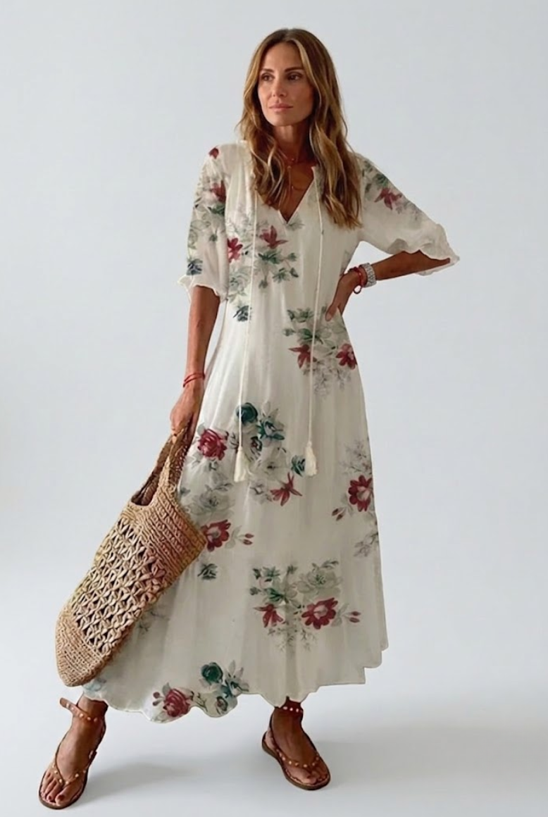 Robe maxi florale veloutée Élodie™ de Danoir Paris, élégante et fluide, avec motif floral visible sur la robe longue.