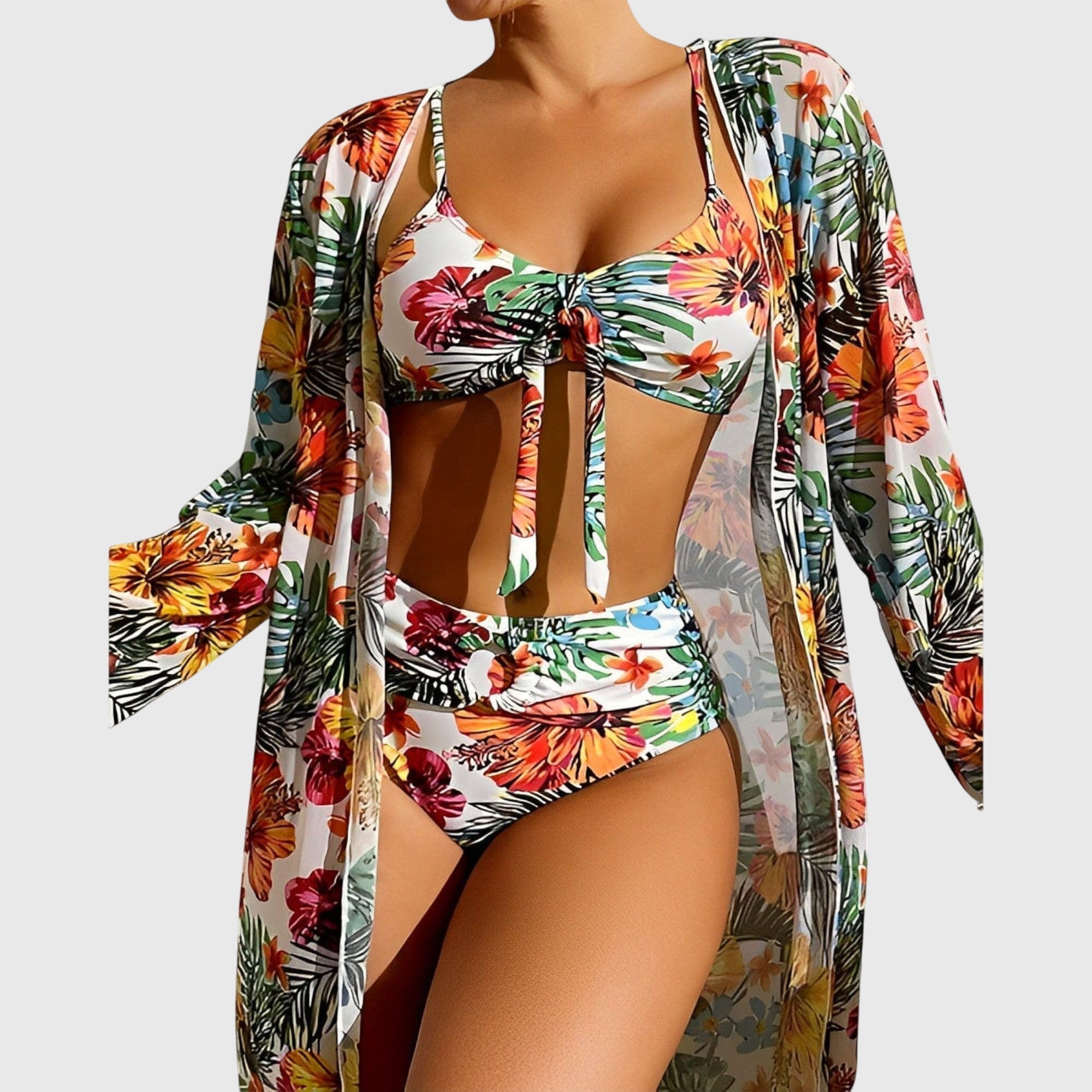Ensemble de bikini Luna de Danoir Paris avec haut et bas en tissu coloré, porté sur mannequin.