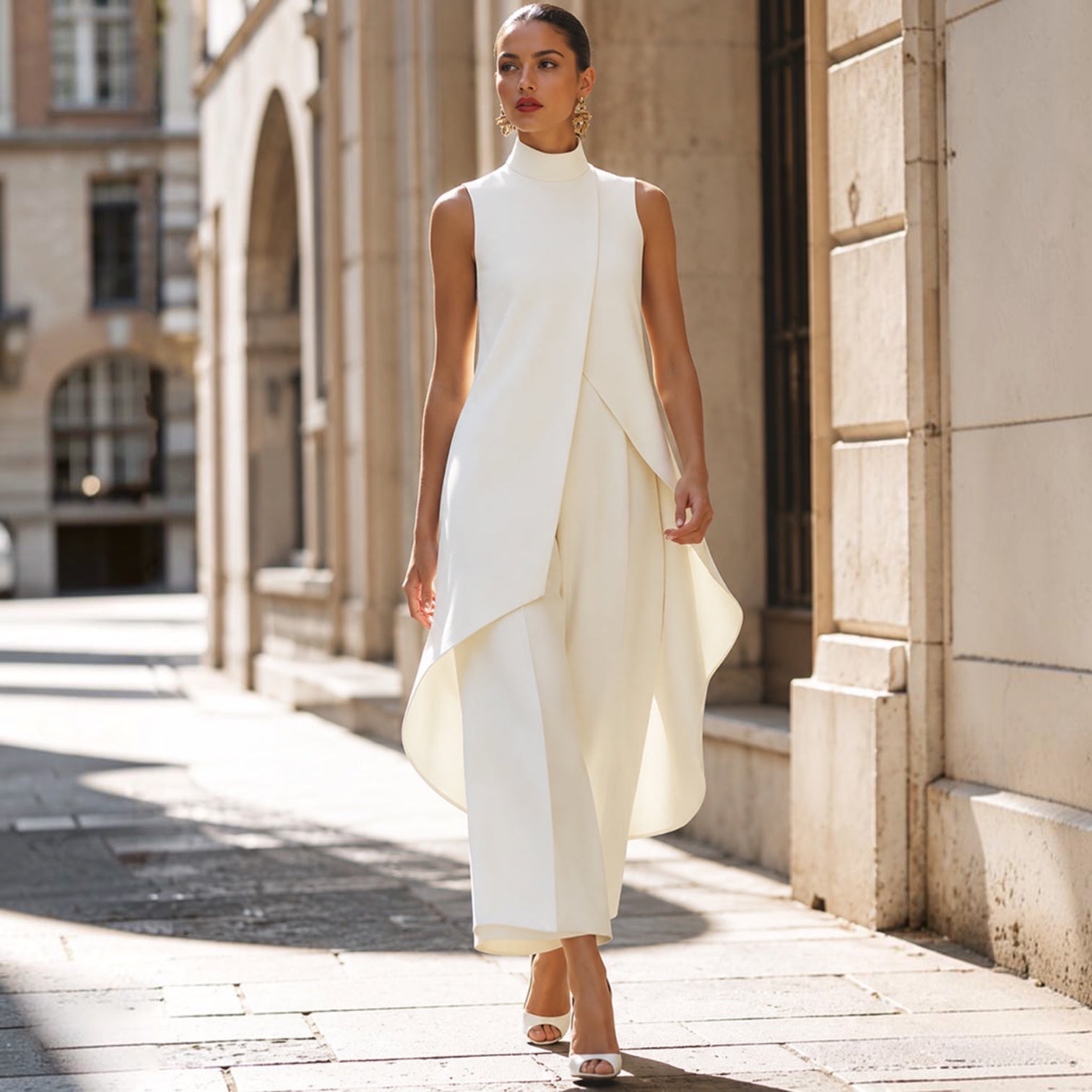 Robe longue élégante MARTINA™ blanche de Danoir Paris, vue de face avec détails de tissu fluide et finition raffinée.