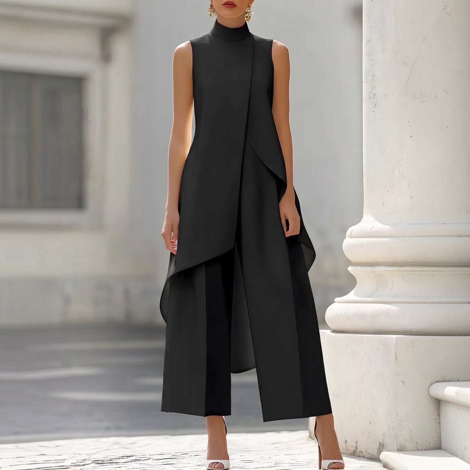 Robe longue élégante MARTINA™ de Danoir Paris en tissu fluide, couleur neutre, portée avec détails sophistiqués.