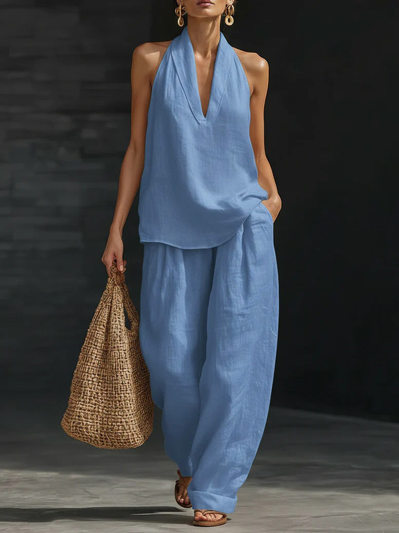 Ensemble sans manches et pantalon large Zoë™ de Danoir Paris, vue de face, tissu léger et style élégant.