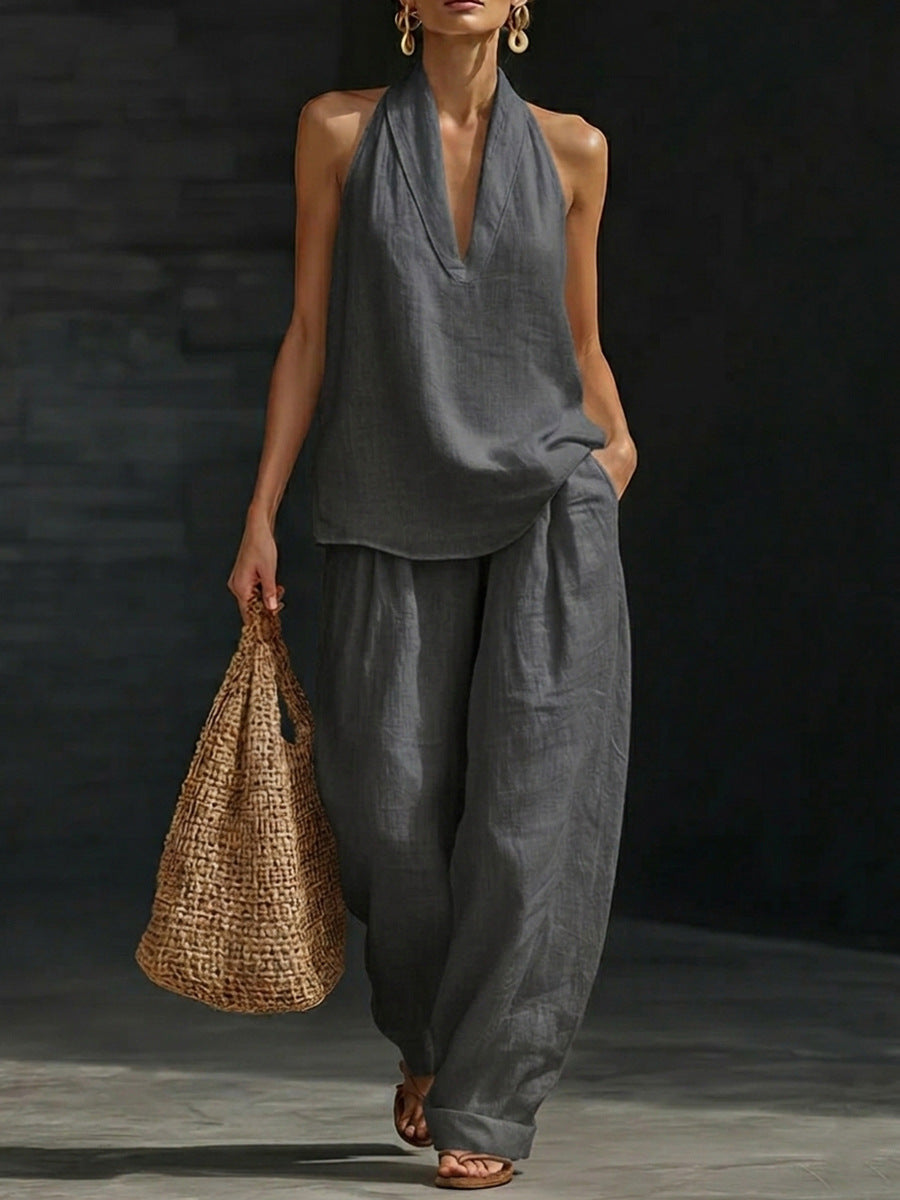 Ensemble sans manches et pantalon large Zoë™ de Danoir Paris, tenue élégante en tissu fluide, vue de devant