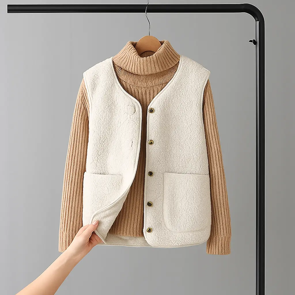 Cardigan en laine Danoir Paris porté, gris avec boutons, doux et chaud, mode élégante pour l'automne ou l'hiver.
