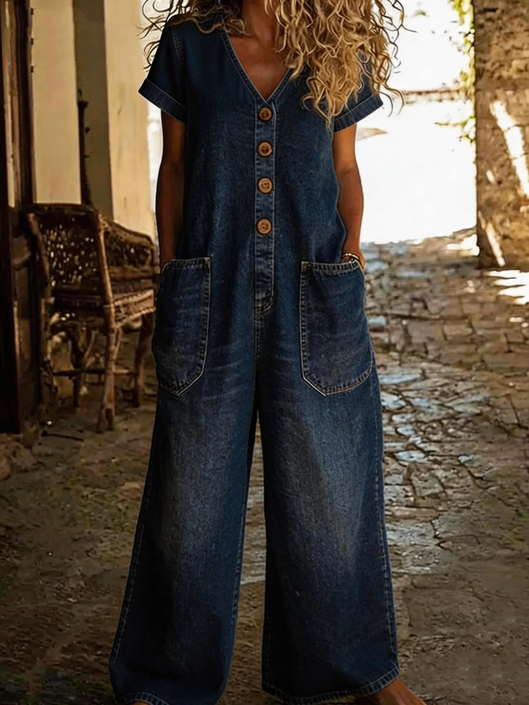 Combinaison en denim Denise Danoir Paris avec col en V et manches courtes, portée décontractée et élégante.