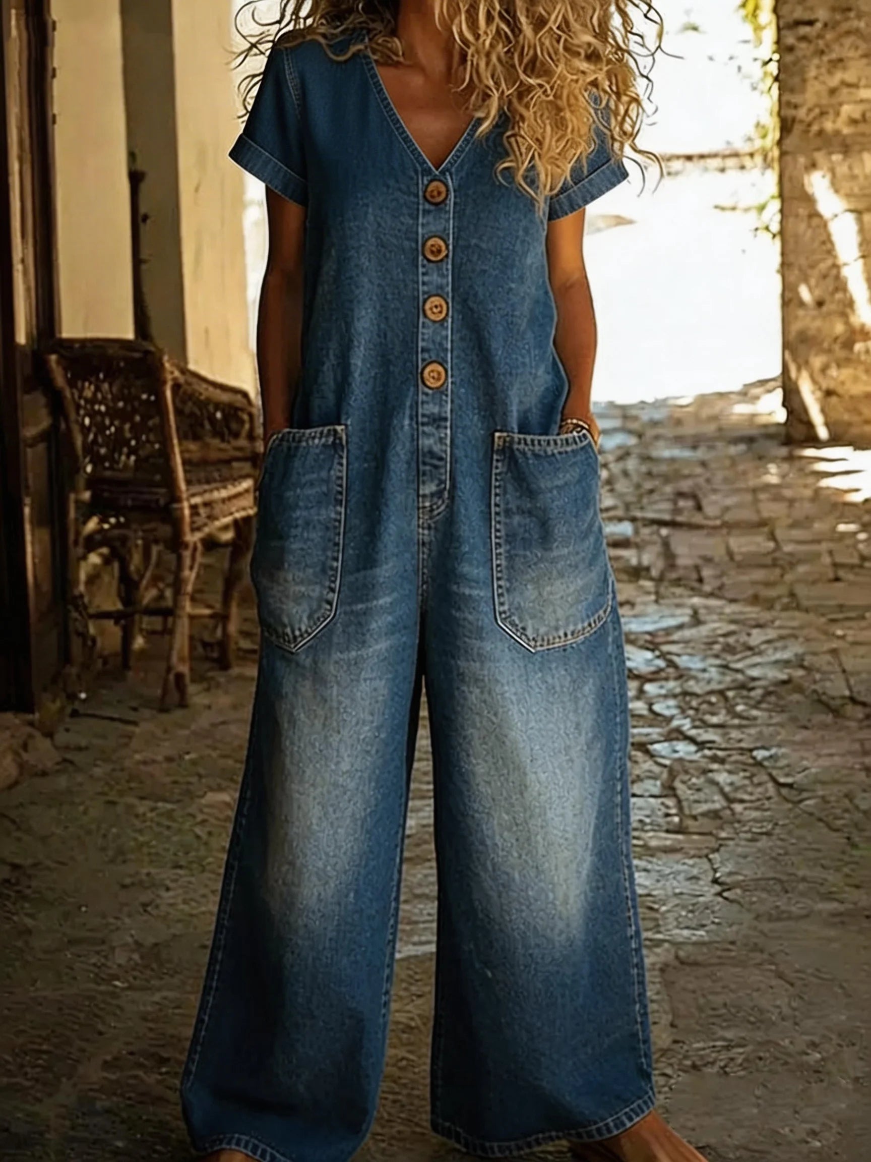 Combinaison en denim Denise de Danoir Paris avec col en V et manches courtes, portée décontractée et élégante.