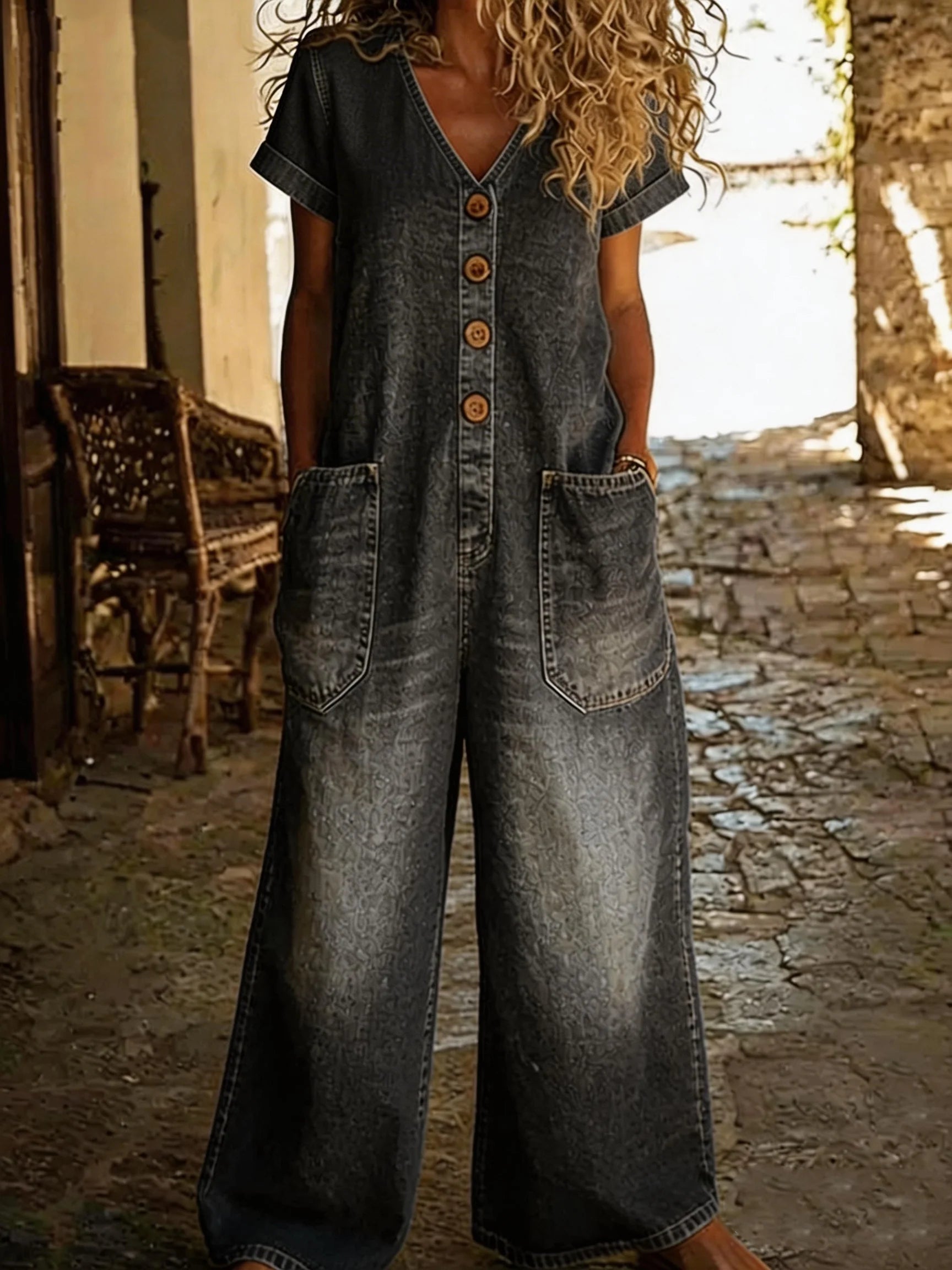 Combinaison en denim Denise de Danoir Paris avec V-hals et manches courtes, portée sur un mannequin dans une image claire.