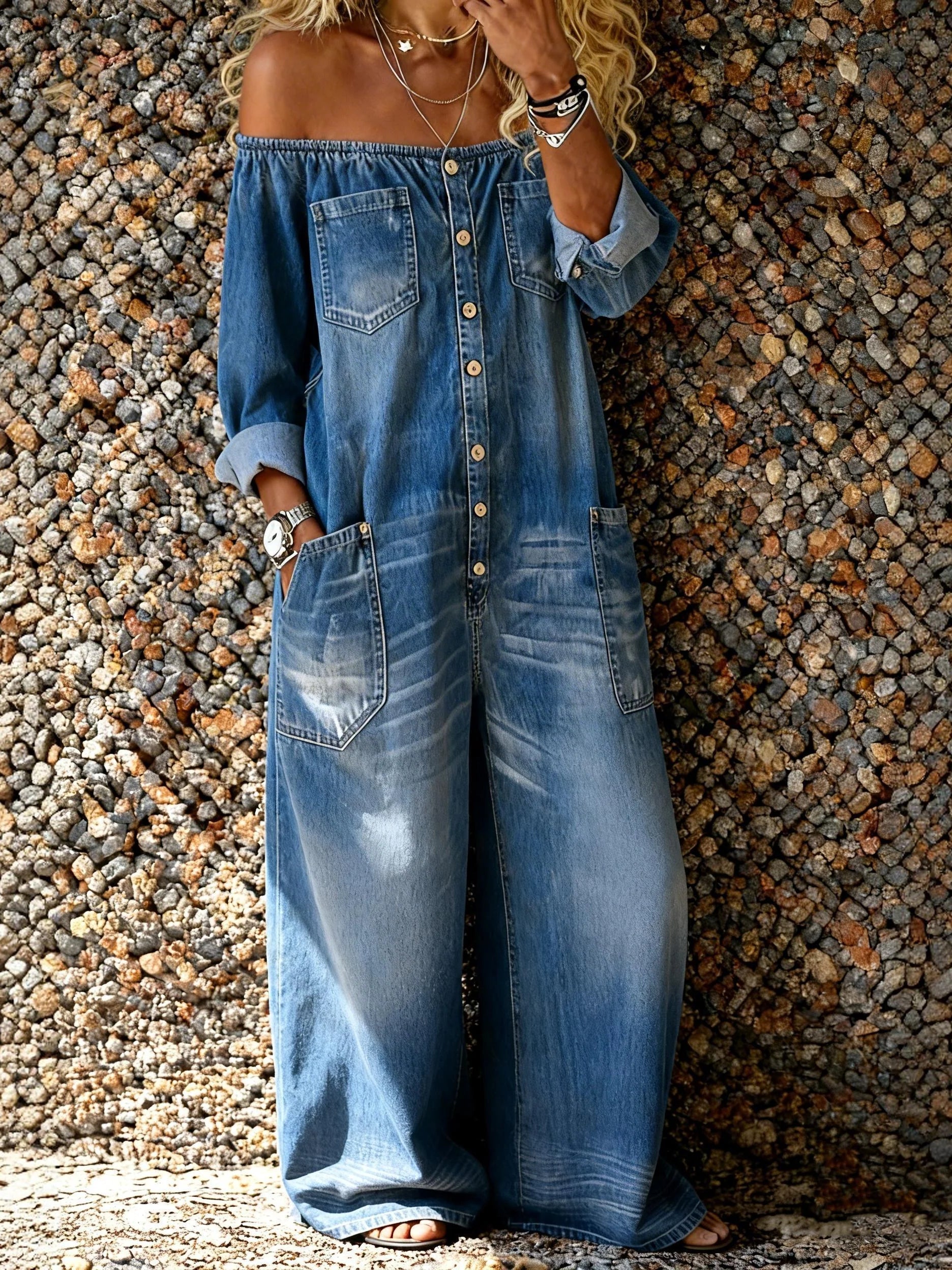 Combinaison en denim Danoir Paris Noa avec décolletée off-shoulder, manches courtes et coupe ajustée, vue de face.