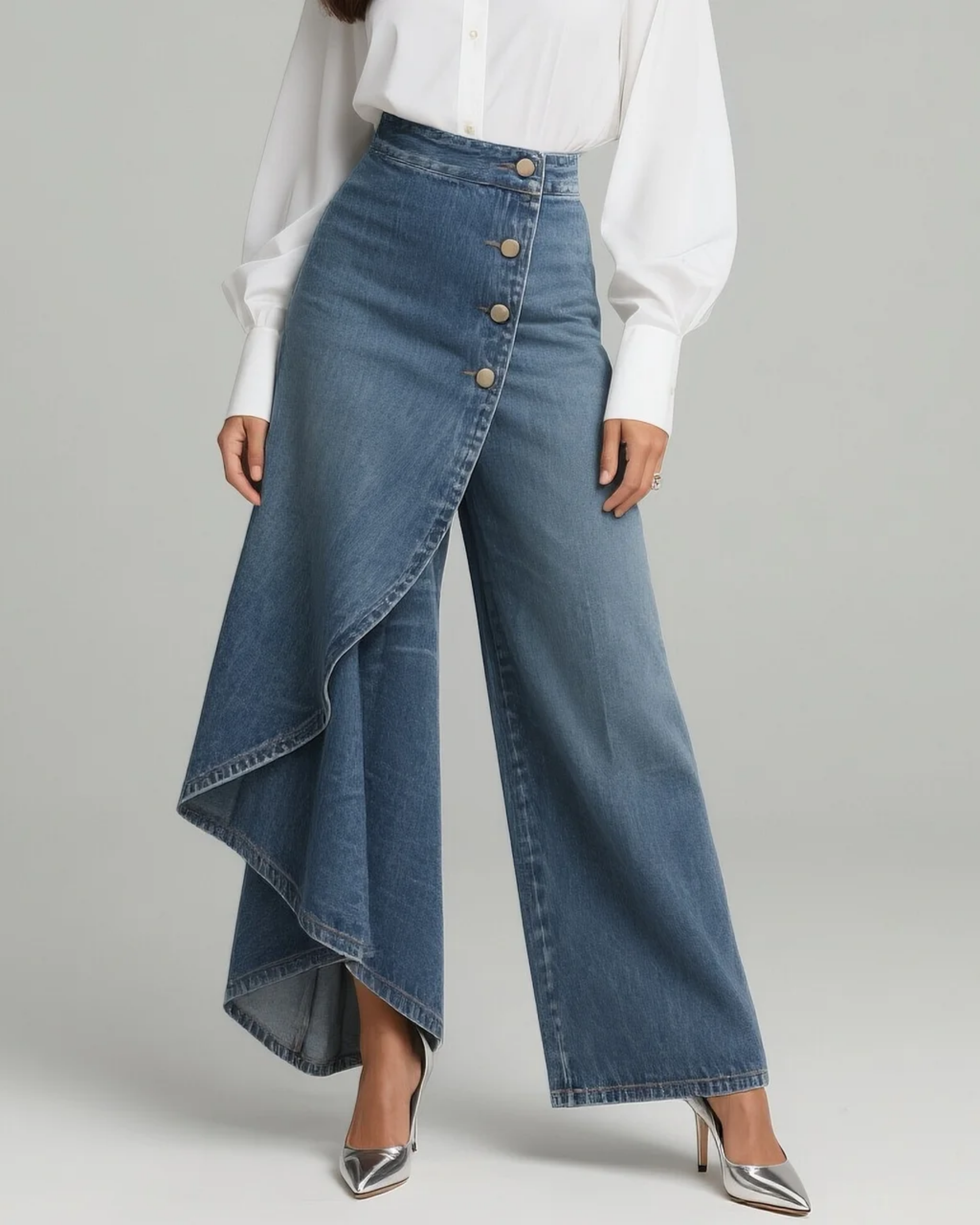 Pantalon en denim Audrey de Danoir Paris, coupe enveloppante et confortable, porté sur un mannequin.