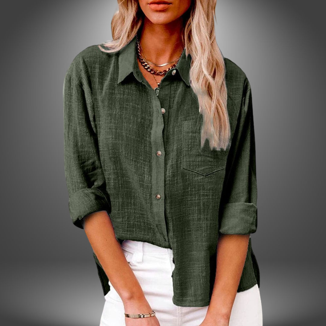 Blouse en lin premium Eve de Danoir Paris, vêtement léger et élégant pour femme, en tissu naturel et confortable.