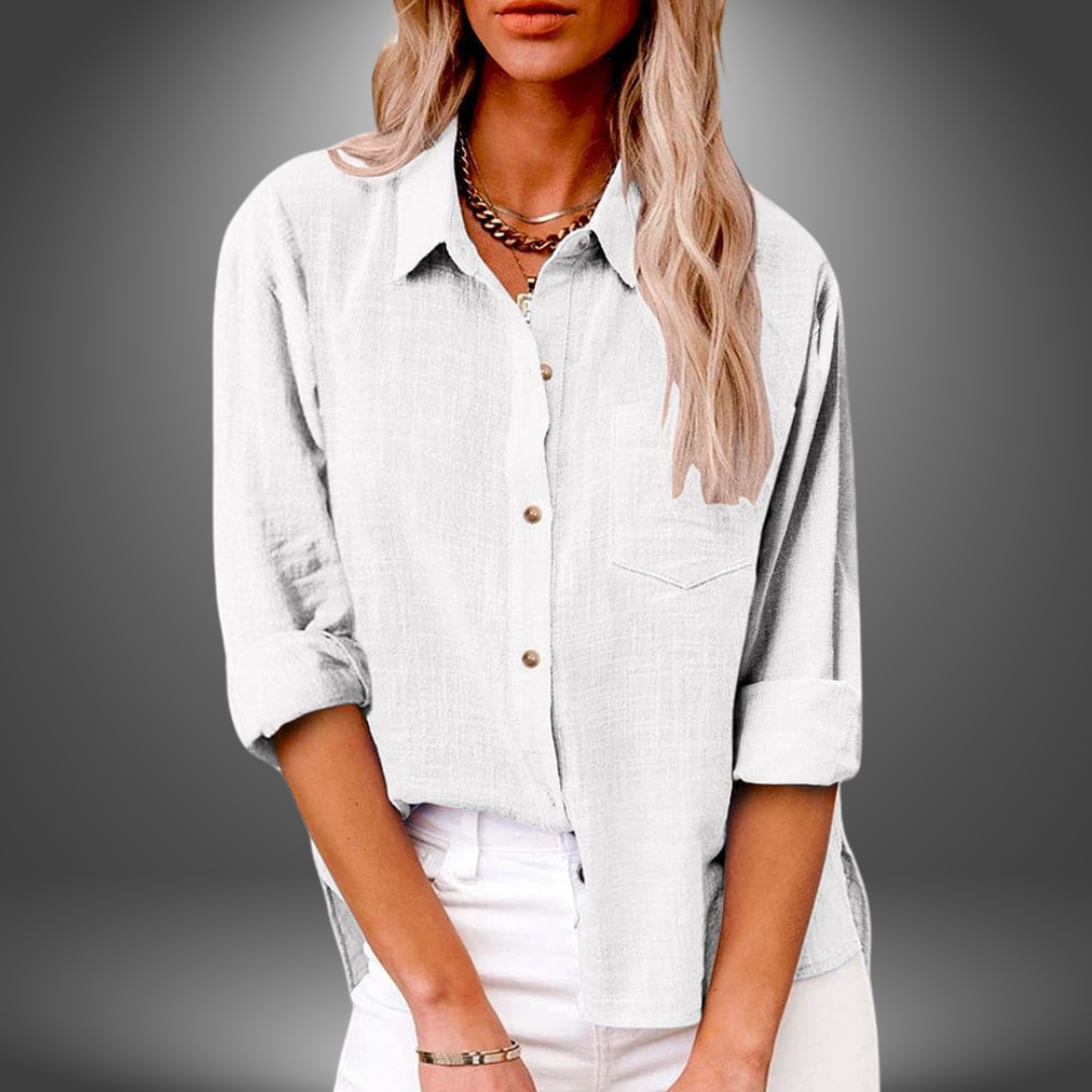 Blouse en lin Danoir Paris Eve, vêtement en tissu léger et élégant, vue de face avec détails de la blouse.