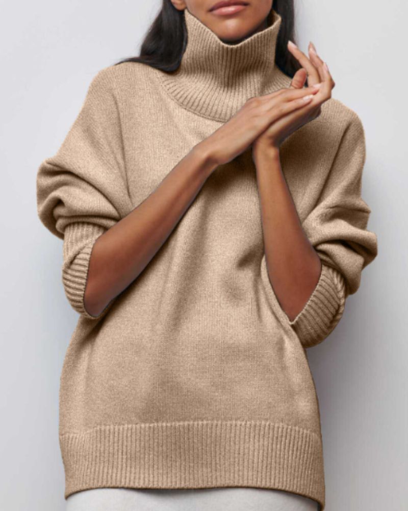 Pull roulé Danoir Paris Evy, chic et confortable, en tissu doux avec col roulé, porté en mode décontracté.