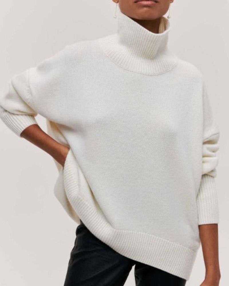 Pull roulé Danoir Paris Evy, confortable et chic, en tissu doux, porté avec col roulé et manches longues, vue de face.