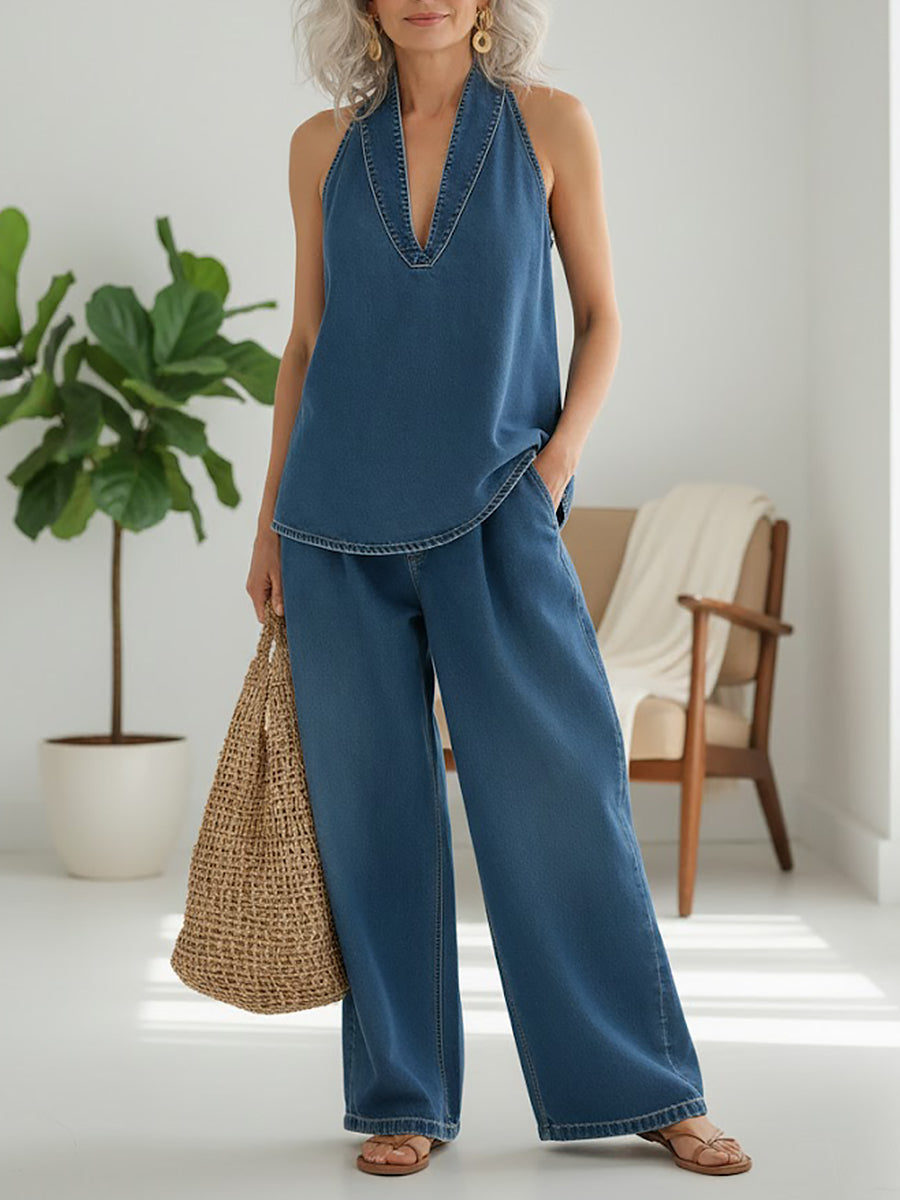 Vivy ensemble deux pièces en denim vintage doux et lavé, Danoir Paris, avec veste et pantalon en jean décontracté.