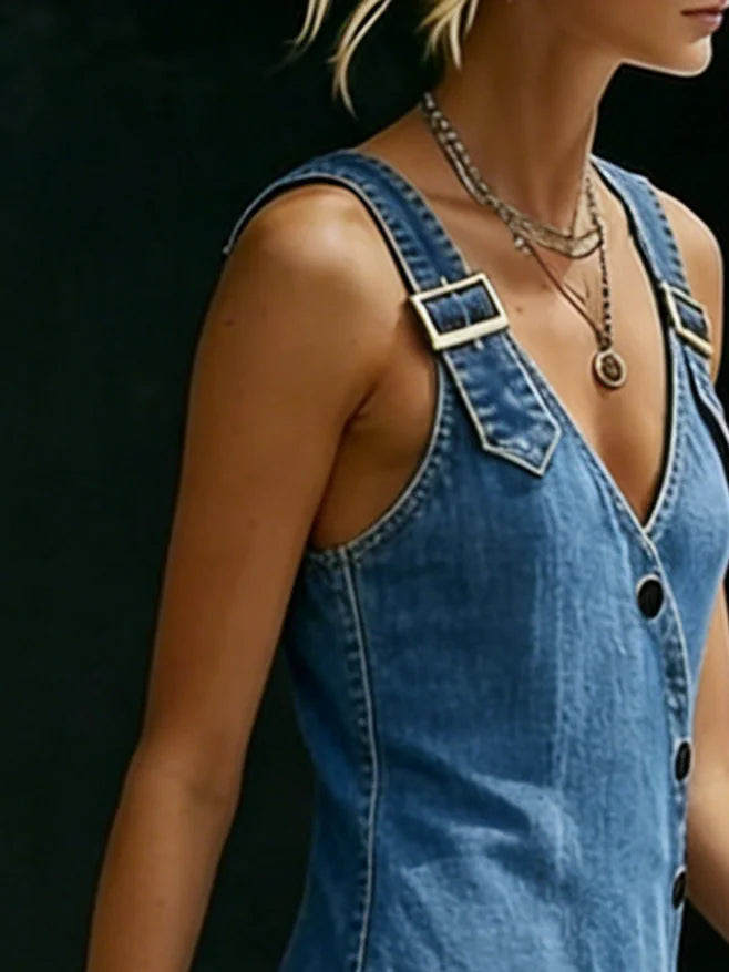Robe longue en denim à boutons Vera de Danoir Paris, avec col et manches longues, portée décontractée et élégante.