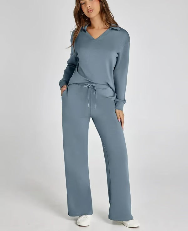 Ensemble polyvalent Chantal de Danoir Paris avec haut et pantalon en tissu élégant, porté par une mannequin.
